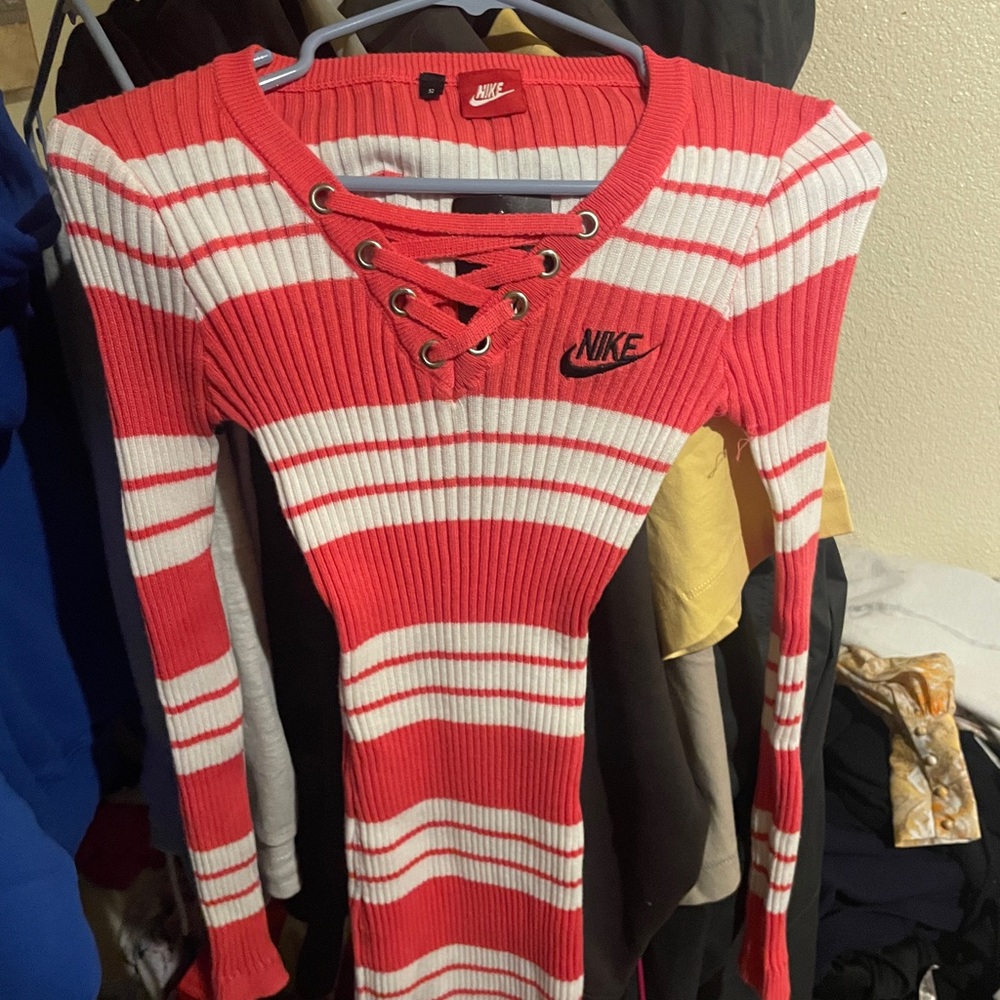 Nike Red and White Striped Lace-Up Top